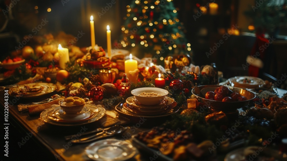 Elegant candlelit dinner table with festive ornaments and christmas tree in background, celebrating merry christmas and happy new year, ai concept