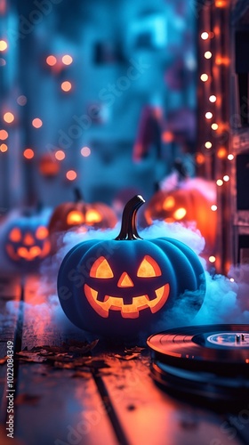Wallpaper Mural Neon Halloween poster with pumpkin Torontodigital.ca