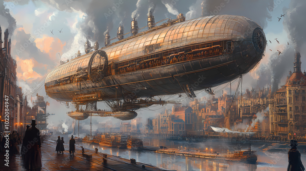 Naklejka premium a massive steampunk airship docked at a floating city, with passengers disembarking and goods being unloaded by steam-powered cranes. Steampunk Airship. Illustration