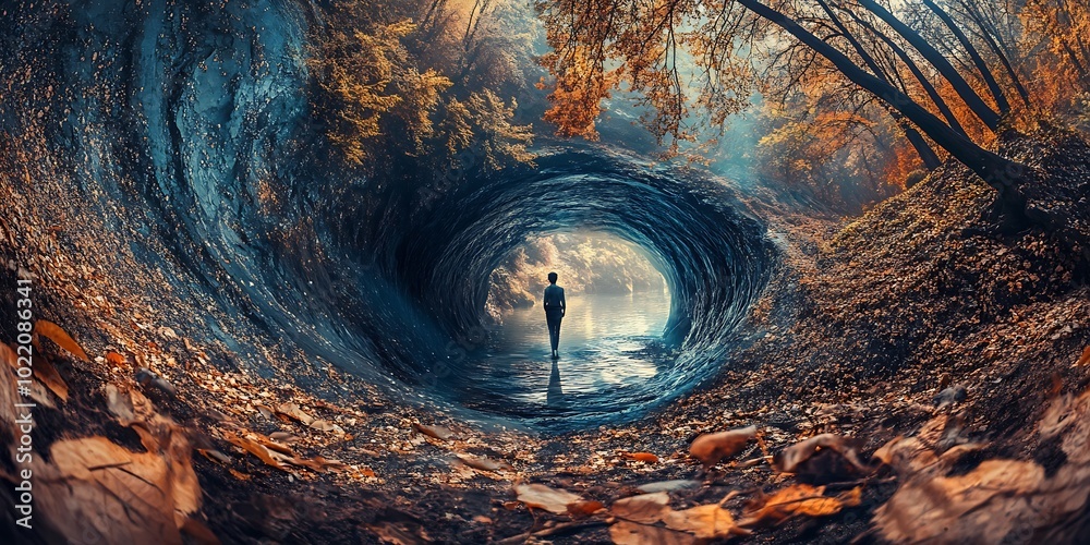 Surreal Landscape with a Person Walking Into a Blue Wave Tunnel Surreal Landscape with a Person Walking Into a Blue Wave Tunnel