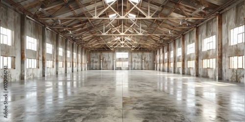 A large empty warehouse with a concrete floor and wooden beams. AI.