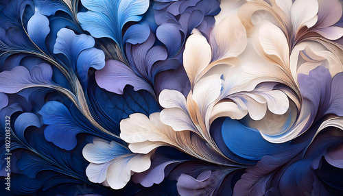 Oil painting featuring a floral design with smooth transitions between blue and italian plum.