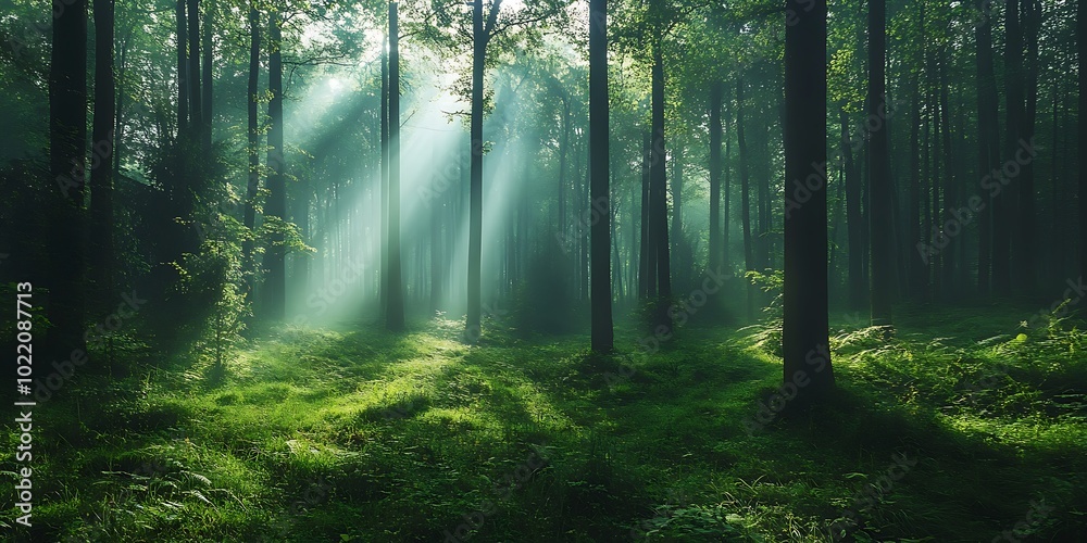 Sunlight streaming through a misty forest