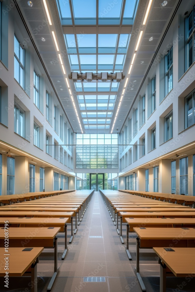 Obraz premium Long rows of desks in a modern building with a glass ceiling. AI.