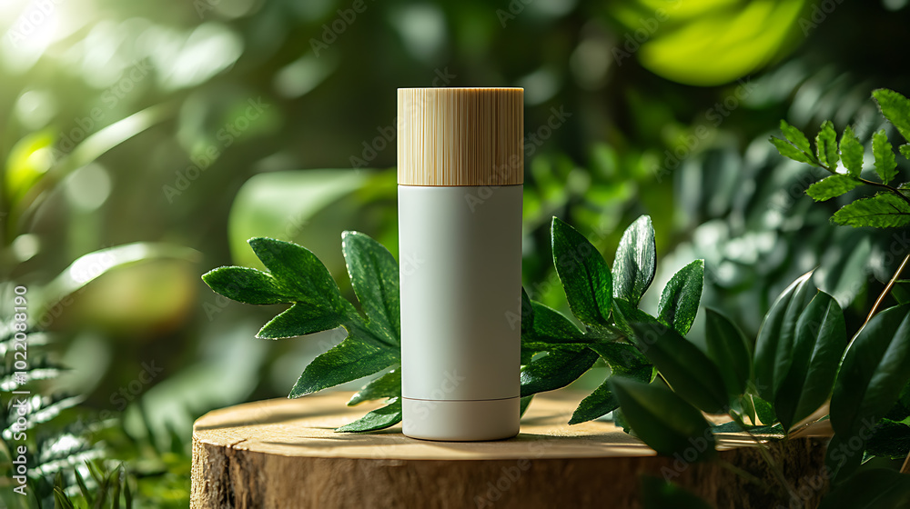 A white and bamboo product bottle sits on a wooden surface in a lush green environment. A white and bamboo product bottle sits on a wooden surface in a lush green environment.