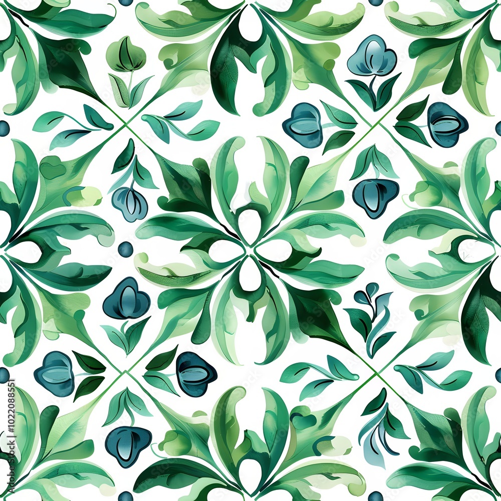 Fototapeta premium Ethnic folk ceramic tile in talavera style with green floral ornament. Italian pattern, traditional Portuguese and Spain decor. Mediterranean porcelain pottery isolated on white background