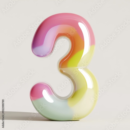 A playful 3D front view of the number 3 with smooth rounded edges and bright pastel colors, evoking fun and learning, making it perfect for children's educational tools.