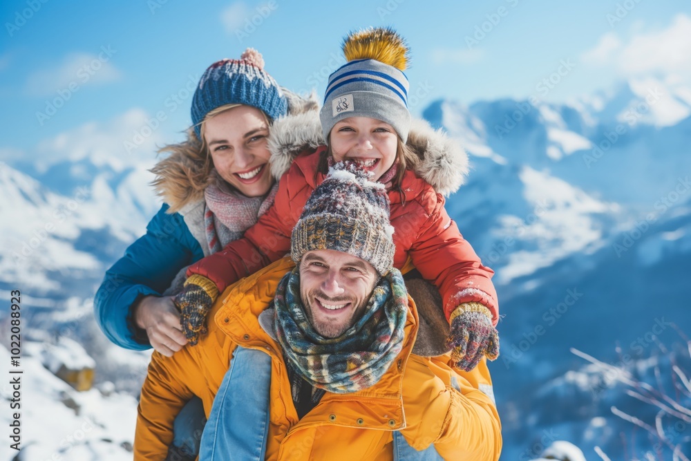 Obraz premium Plan a delightful family winter vacation in the mountains with activities, views, bonding, and relaxation. Enjoy the festive season in snowcapped alpine landscapes, creating joyful memories together