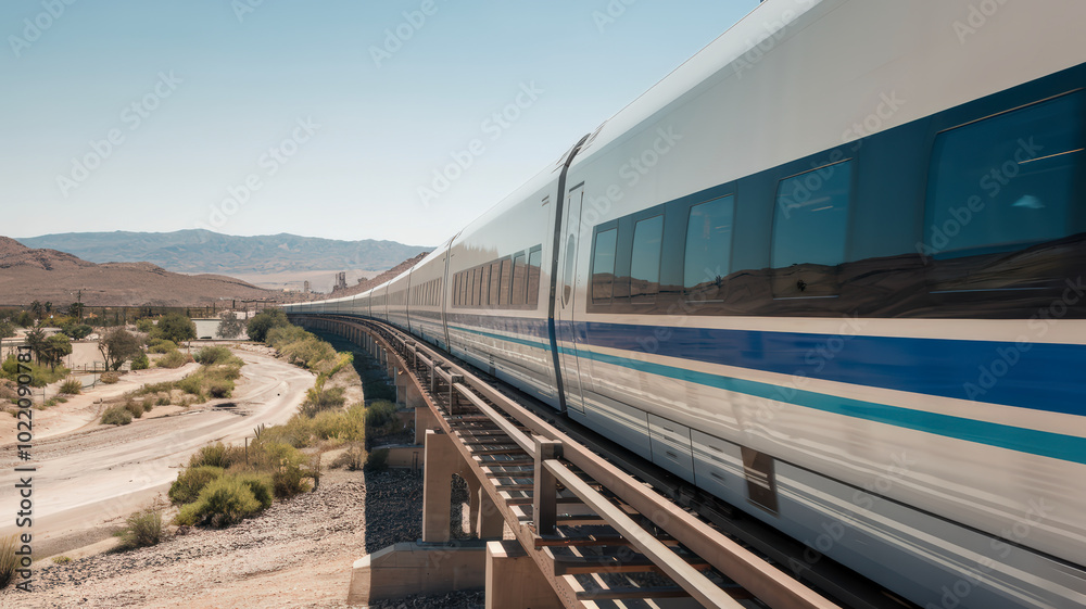 Naklejka premium high-speed train racing through a green countryside with motion blur. The train is sleek and silver, with its body glinting in the sunlight. The train is cutting through vibrant fields.