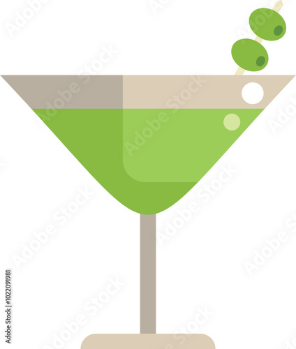 Minimalist vector illustration featuring a green cocktail in a martini glass, garnished with olives, representing a refreshing and sophisticated beverage