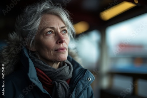 Portrait of sad senior woman in winter clothes on blurred background.