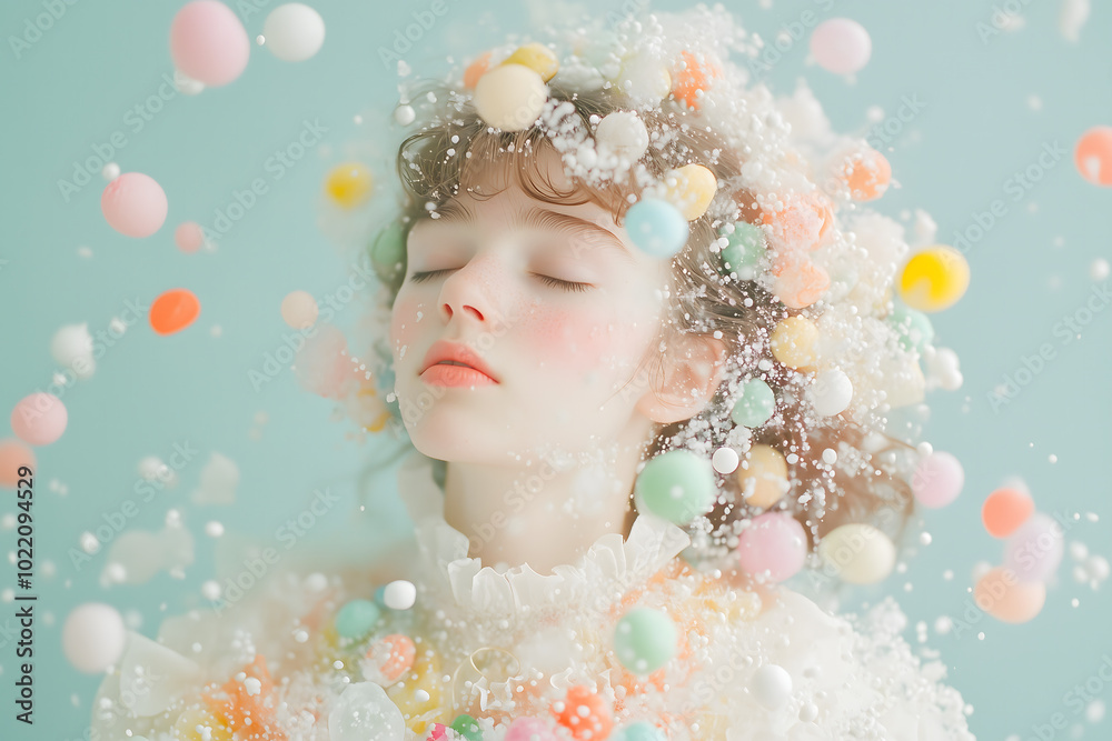 Dreamy Girl Surrounded by Colorful Balls and Snowflakes Dreamy Girl Surrounded by Colorful Balls and Snowflakes