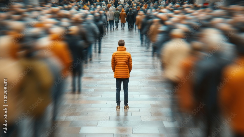 Fototapeta premium Man in Orange Jacket Standing Still Amidst Blurred Crowd, AI