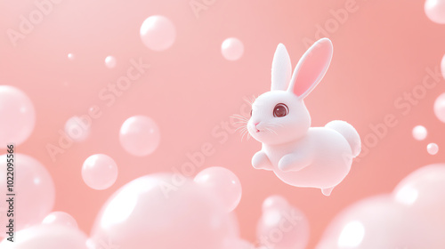 Cute rabbit in playful bubble scene.