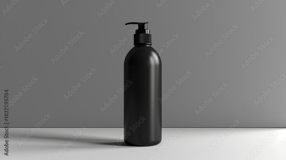 A black pump bottle stands on a white surface against a gray backdrop. The bottle has a minimalist design, offering a clean and simple aesthetic. A black pump bottle stands on a white surface against a gray backdrop. The bottle has a minimalist design, offering a clean and simple aesthetic.