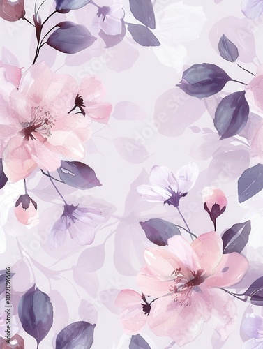Delicate floral patterns in pastel shades create a tranquil atmosphere, featuring romantic blooms and gentle foliage throughout the design. Generative AI