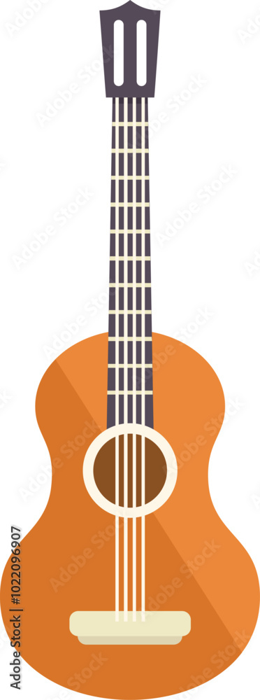 Obraz premium Acoustic guitar with six strings standing up on a white background