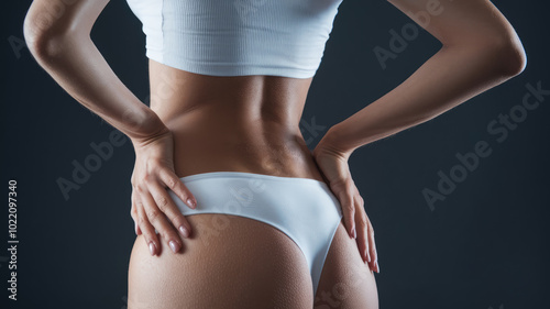 A woman is wearing a white top and white panties. She is standing with her hands on her hips