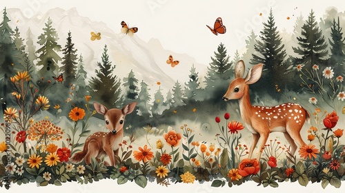 Ink drawing of some fawns in a forest among flowers.