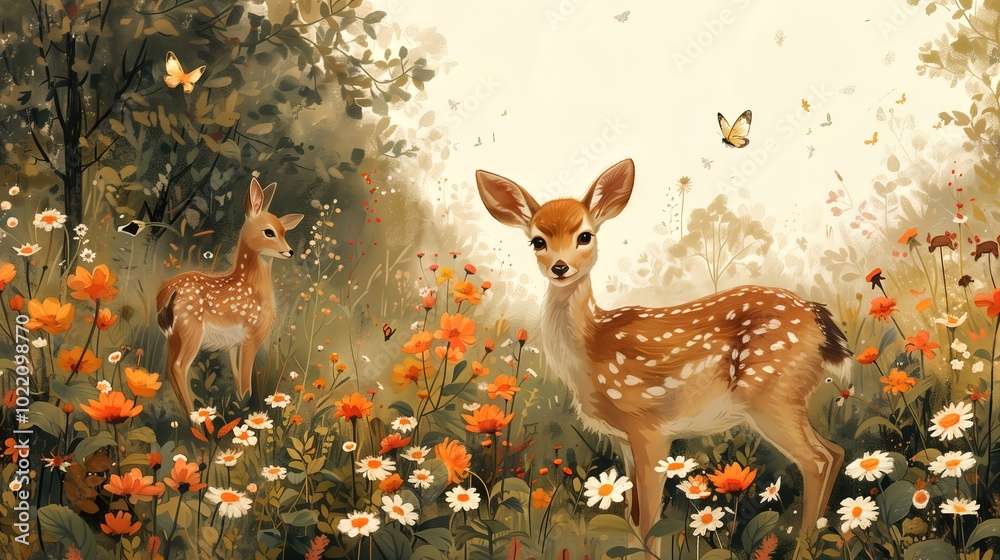 Fototapeta premium Ink drawing of some fawns in a forest among flowers.