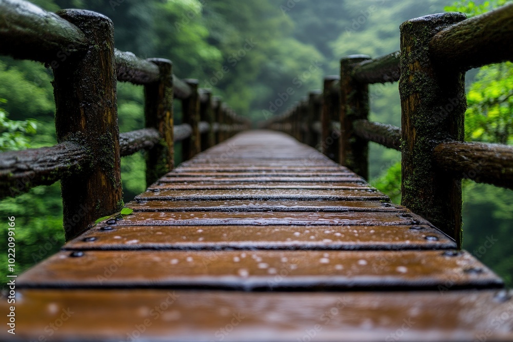 Obraz premium A damp, wooden bridge leads through a lush, green forest, with misty background, capturing a serene and tranquil atmosphere of nature on a rainy day.