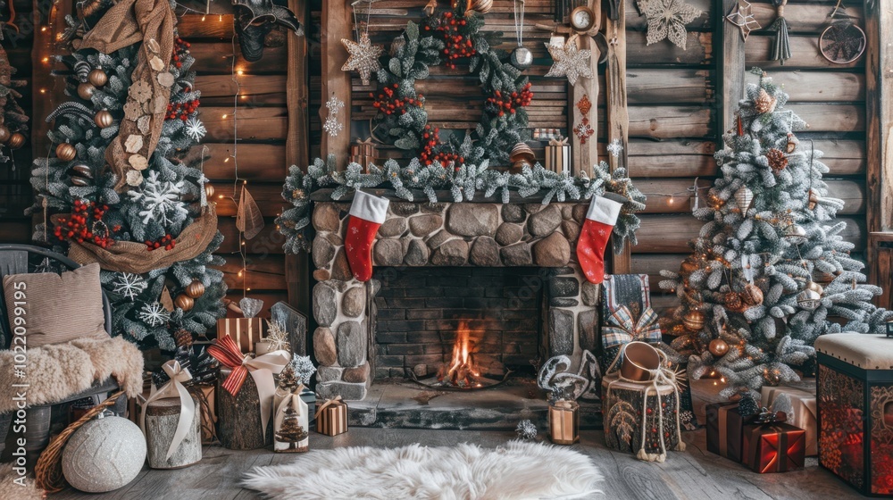 Naklejka premium Cozy Christmas Decor with Trees and Fireplace