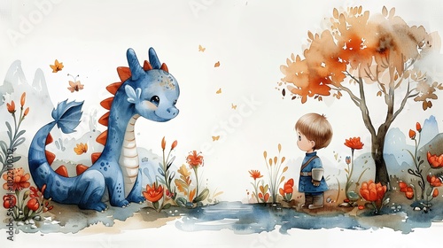 Childlike Watercolor of a dragon and a child in a forest talking and being friends.