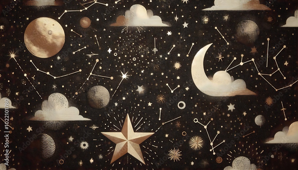 Create a fabric background featuring celestial elements like stars, moons, and constellations against a dark, rich background,generative ai Create a fabric background featuring celestial elements like stars, moons, and constellations against a dark, rich background,generative ai