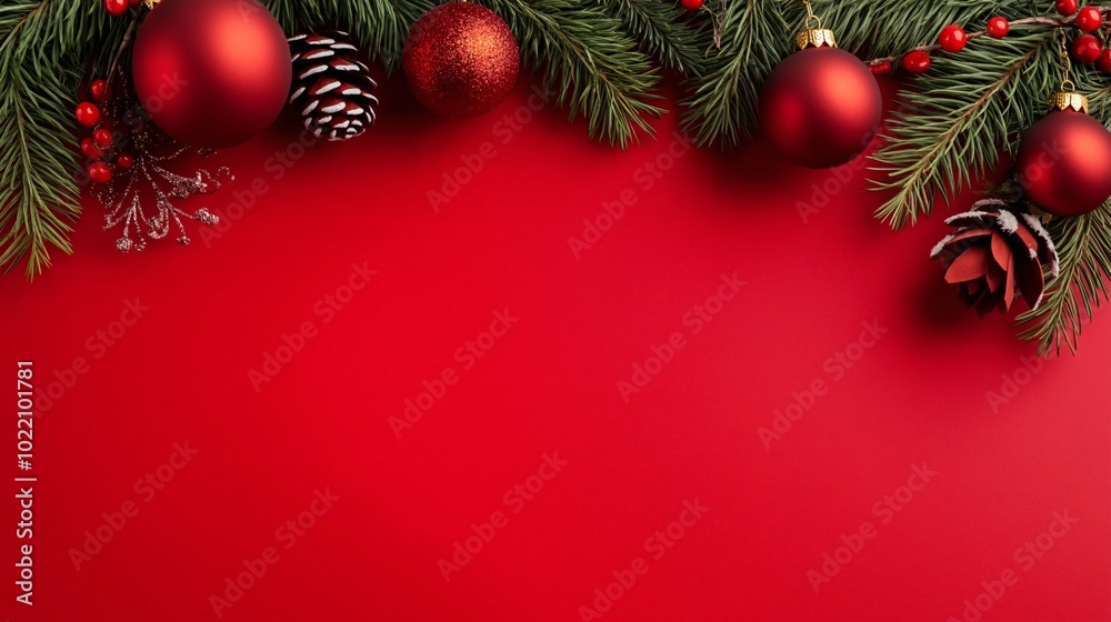 Red Christmas background with red baubles, yew cones and branches hanging from above, center copy space for text, festive New Year 2025 decorations on red holiday backdrop Red Christmas background with red baubles, yew cones and branches hanging from above, center copy space for text, festive New Year 2025 decorations on red holiday backdrop