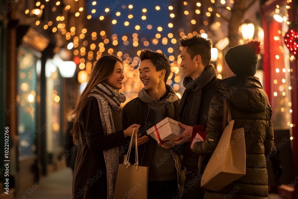 Experience the magic of a festive night out shopping with friends in a warm urban winter setting, surrounded by holiday lights. Create joyful memories and strong bonds in this cheerful celebration