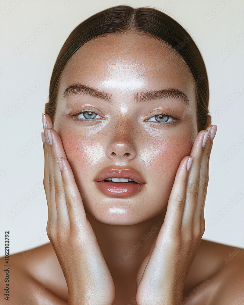 A beautiful woman with flawless skin, posing for the camera in front of a white background, hand on chin
