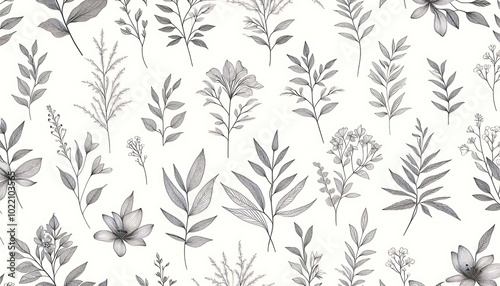 fabric design with delicate, minimalist line drawings of plants and flowers,generative ai