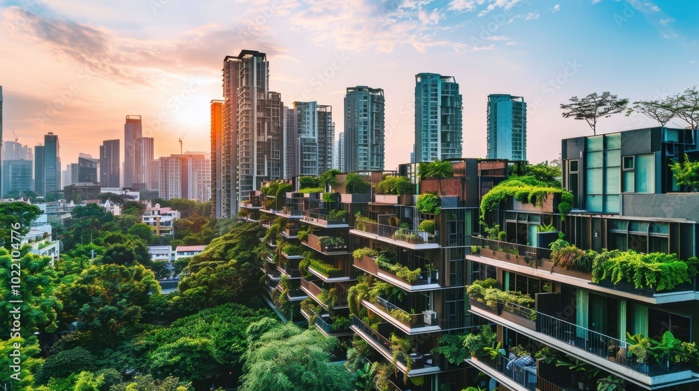 Obraz premium Modern Urban Landscape with Green Architecture at Sunset