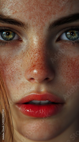 Close Up Portrait of a Woman with Freckles and Red Lipstick