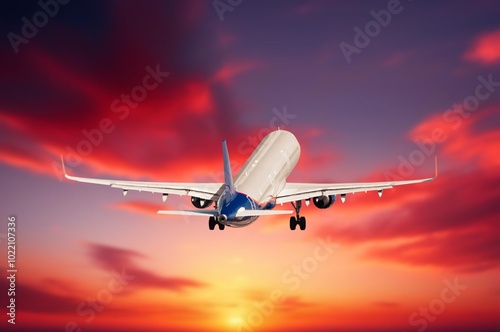 Airplane flying in blue sky with clouds, travel background