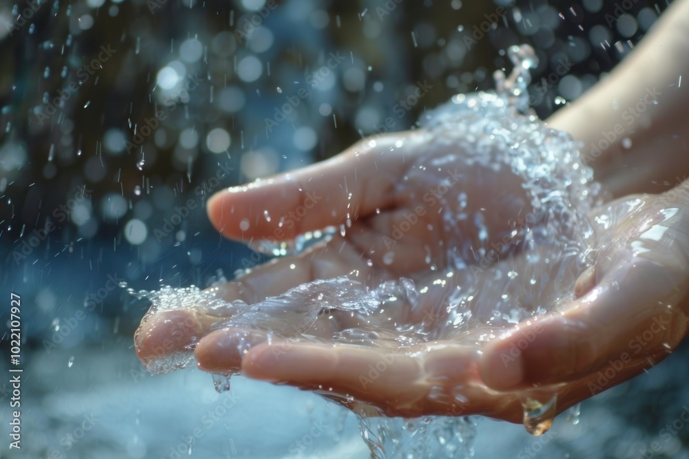 Fototapeta premium Water cascades over hands, emphasizing the essential practice of washing for health and sanitation in everyday routines. Generative AI