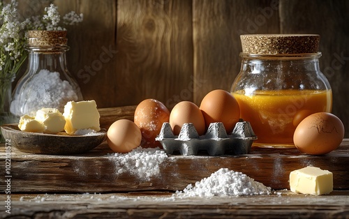 A rustic display of eggs, butter, and salt in a cozy kitchen setting. photo