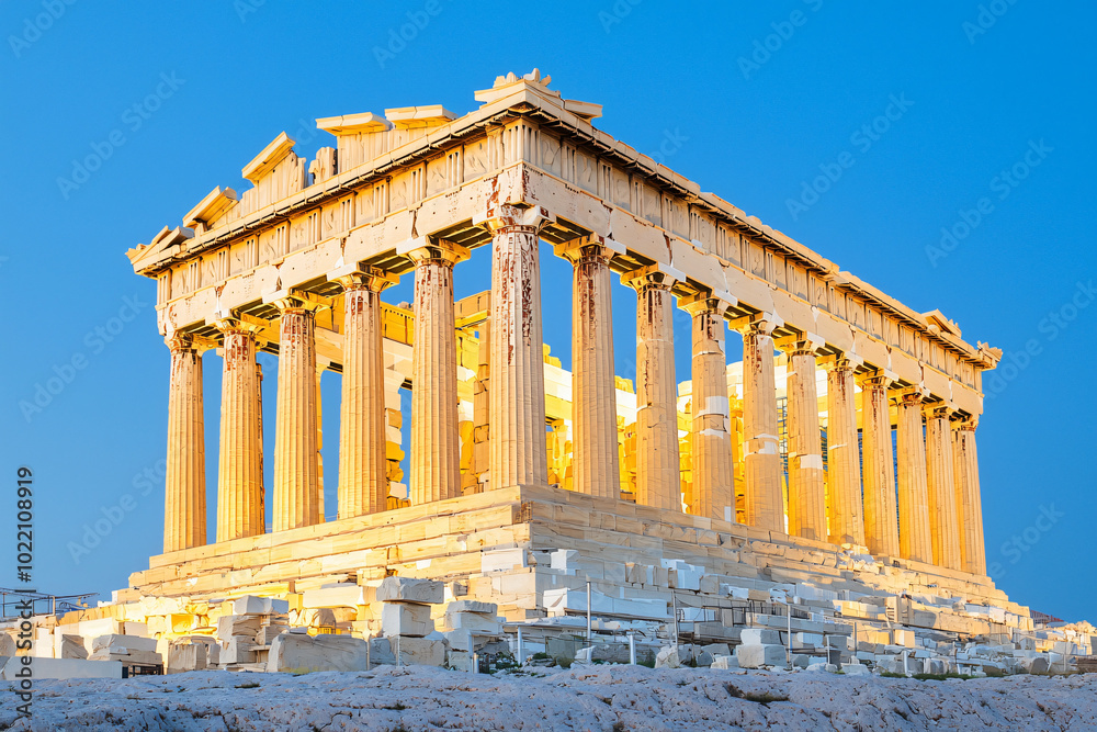 Naklejka premium the grandeur Parthenon at dusk, with dramatic lighting and shadows