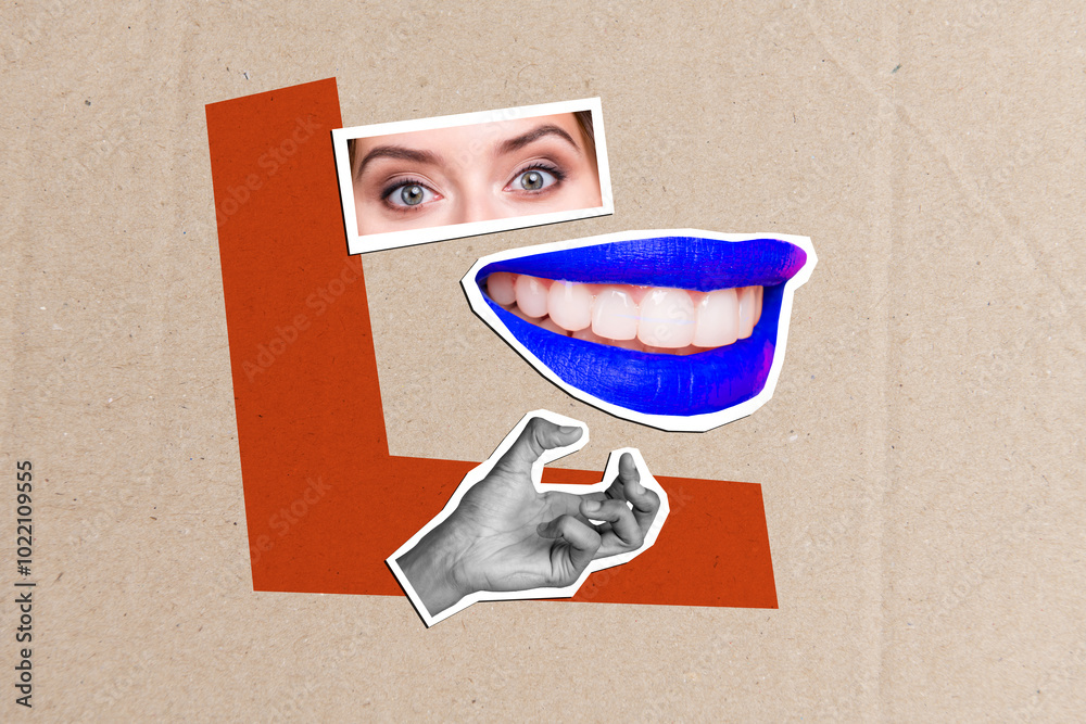 Φωτογραφία Creative collage picture woman face fragments hand arm lips toothy smile mouth p