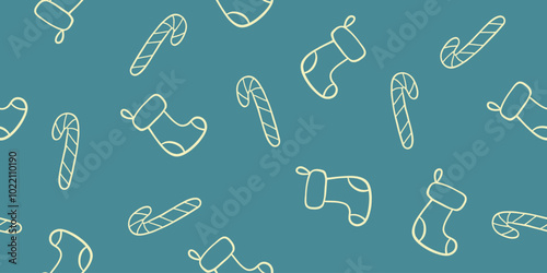Seamless pattern with Christmas stockings and candy canes outlines on blue, doodle style vector