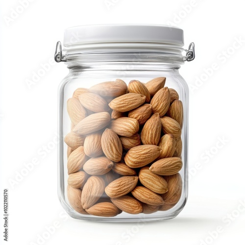 Almonds in Transparent Jar Isolated on White Background