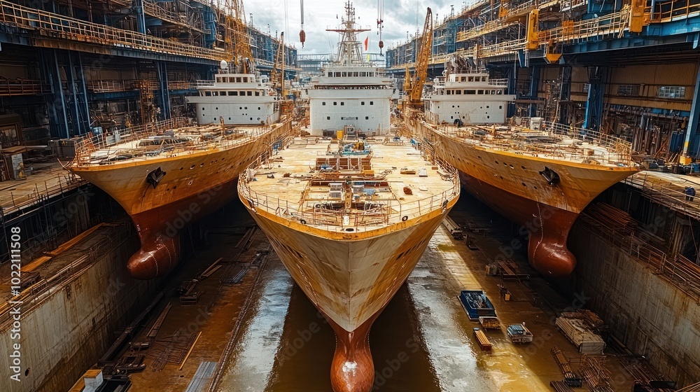 Fototapeta premium Three large ships in a shipyard under construction.