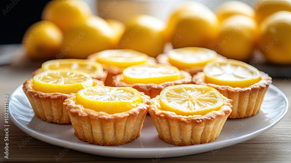 A plate of delicious lemon tarts arranged on a wooden table, with the bright yellow color of the lemons popping against the muted background. A plate of delicious lemon tarts arranged on a wooden table, with the bright yellow color of the lemons popping against the muted background.