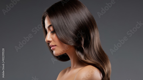 A woman with long hair is standing in front of a grey background. She has a nice smile on her face