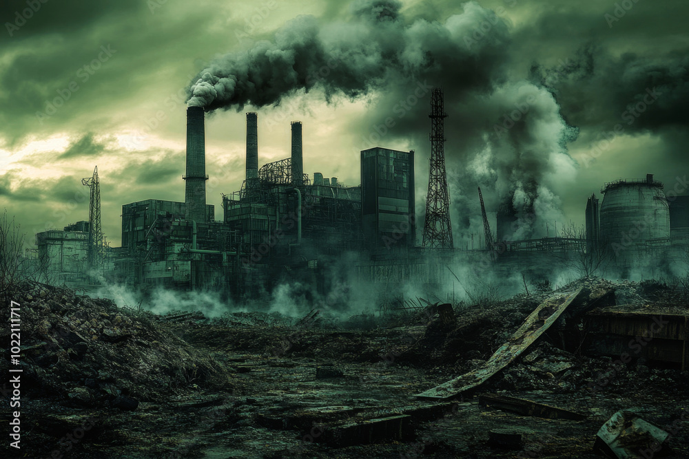 Fototapeta premium Factory smoke polluting the sky with industrial chimneys releasing toxic gases