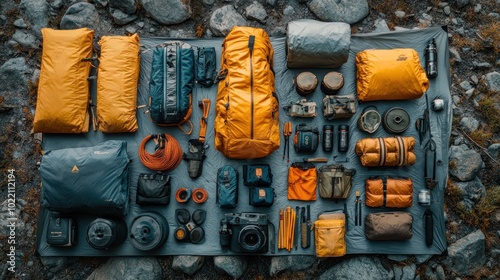 Organized camping gear and equipment laid out on a surface.