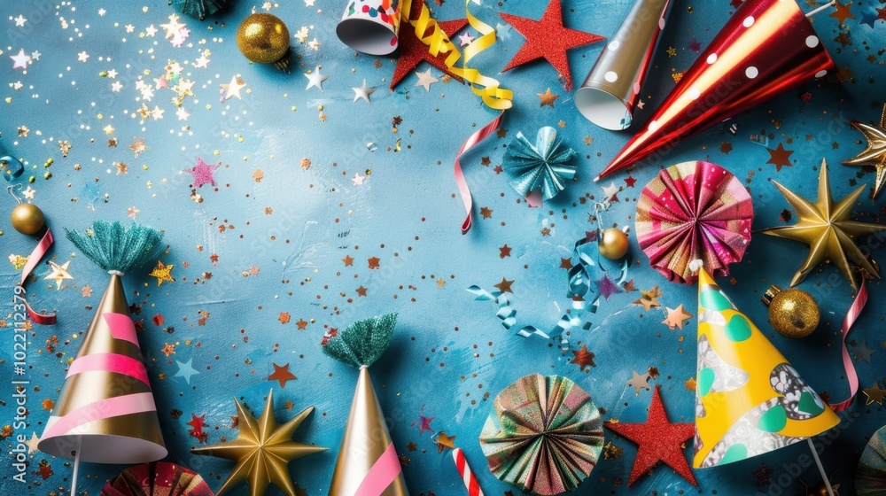 Colorful Party Setup with Hats and Confetti Colorful Party Setup with Hats and Confetti