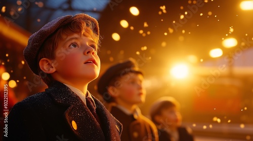 Children excitedly watching the Polar Express train locomotive arriving at the station, filled with joy and anticipation for Christmas and New Year 2025