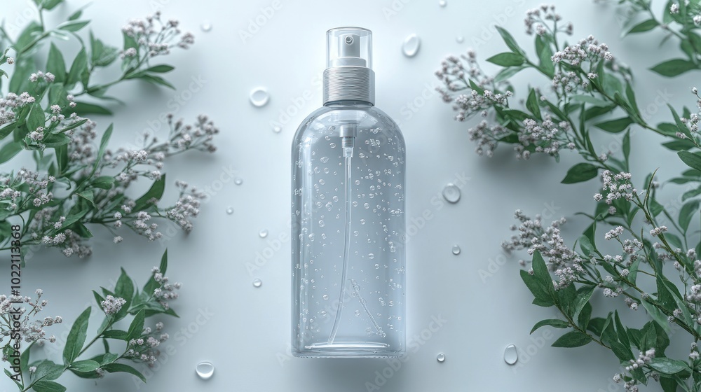 Clear spray bottle surrounded by greenery and water droplets. Clear spray bottle surrounded by greenery and water droplets.