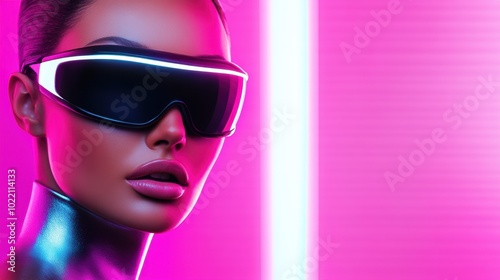 Futuristic Woman with Neon Glasses in Vibrant Pink Glow, AI